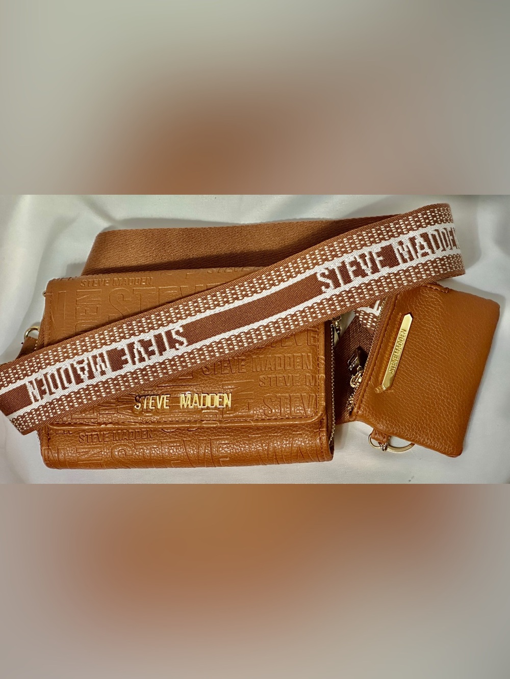 Steve Madden Brown Logo-Embossed Crossbody with Branded Strap